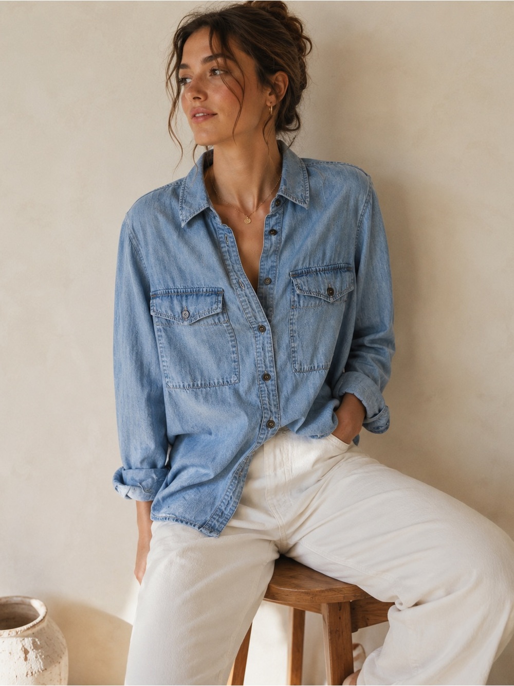 Anthropologie Pilcro Chambray Oversized Button Down Relaxed Staple Boyfriend